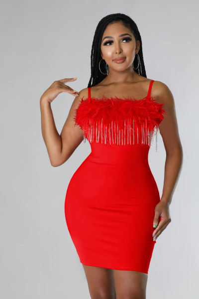 Fashionable hip wrap skirt, feather tassel, solid color suspender, new party dress