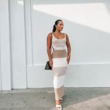 Strap Stripe Colored Open Back Lace Knitted Woolen Dress