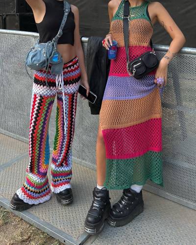 Fashionable and trendy women's new round neck sleeveless contrasting hem split knit dress