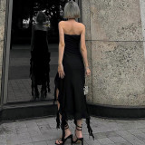 Temperament Wrapped Chest Mesh Panel Ruffle Edge Split Dress