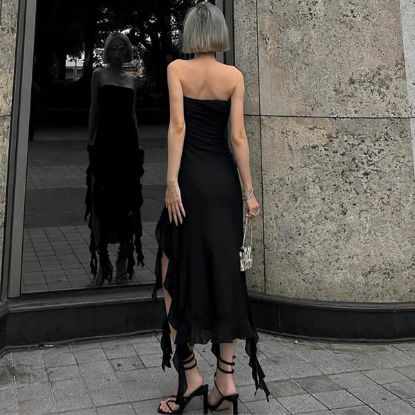 Temperament Wrapped Chest Mesh Panel Ruffle Edge Split Dress