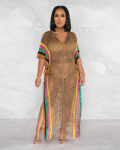 Women's Long Skirt Sexy Wool Woven Hand Hook Knitted Tassel Colored Beach Skirt