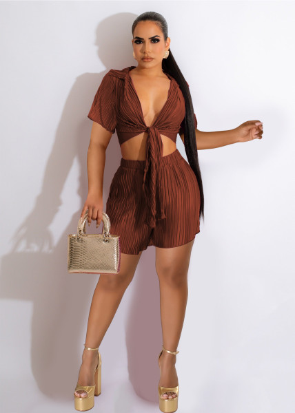 Short top lace up pleated sexy shorts two-piece set