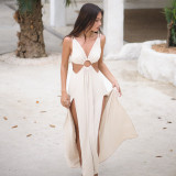 Temperament Dress Deep V Double Split Open Back Cutout Sexy Strap Long Dress