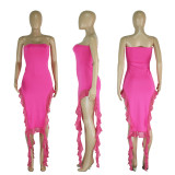 Temperament Wrapped Chest Mesh Panel Ruffle Edge Split Dress
