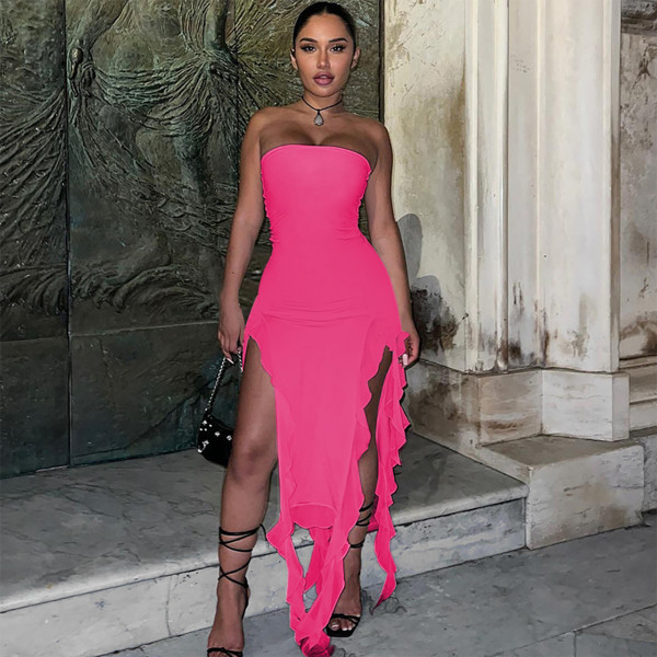 Temperament Wrapped Chest Mesh Panel Ruffle Edge Split Dress