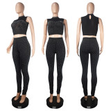 Two piece mesh hot diamond round neck perspective sexy nightclub pants set