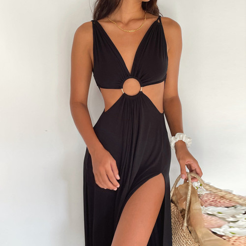Temperament Dress Deep V Double Split Open Back Cutout Sexy Strap Long Dress