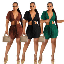 Short top lace up pleated sexy shorts two-piece set Short top lace up pleated sexy shorts two-piece set