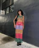 Fashionable and trendy women's new round neck sleeveless contrasting hem split knit dress