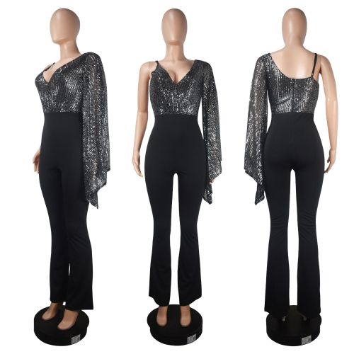 Sequin V-neck bra one shoulder cape sexy nightclub jumpsuit