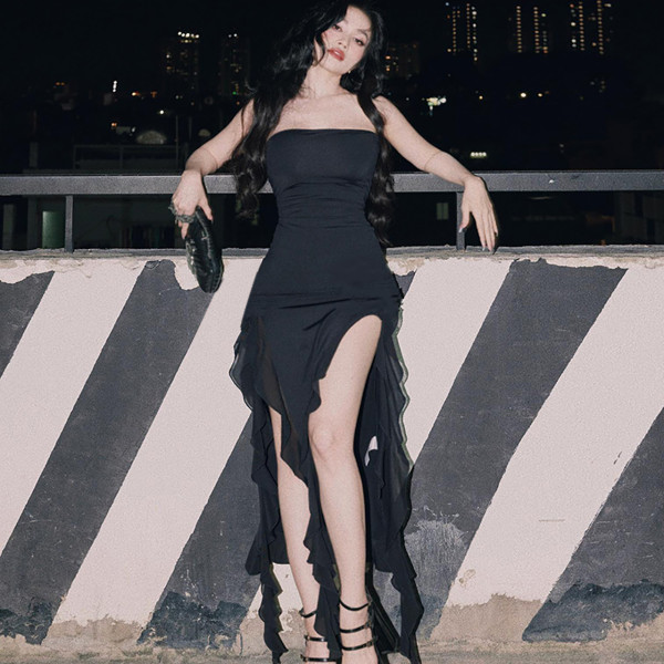 Temperament Wrapped Chest Mesh Panel Ruffle Edge Split Dress