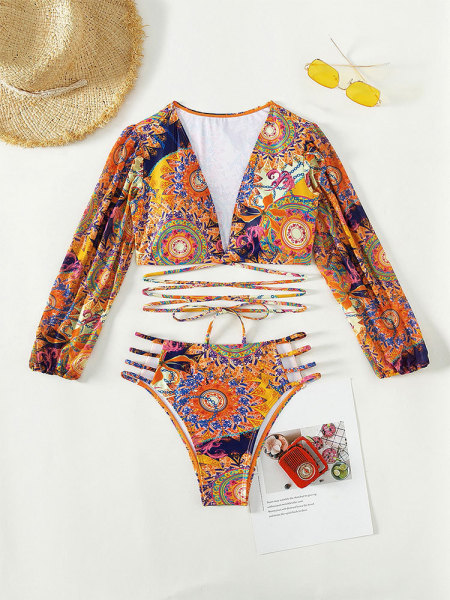Fashionable and sexy deep V strap printed high waisted beach split swimsuit