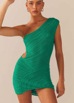 Sleeveless One Shoulder Sexy Knitted Dress Hollow Mini Wrap Hip