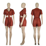 Short top lace up pleated sexy shorts two-piece set