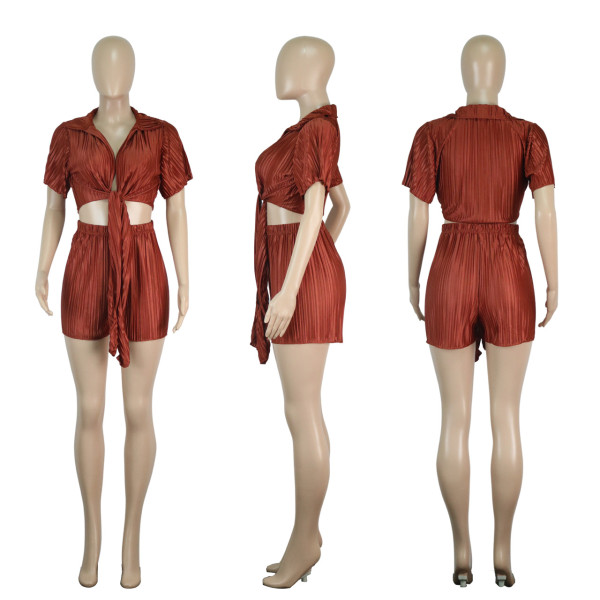 Short top lace up pleated sexy shorts two-piece set
