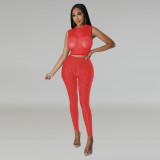 Two piece mesh hot diamond round neck perspective sexy nightclub pants set
