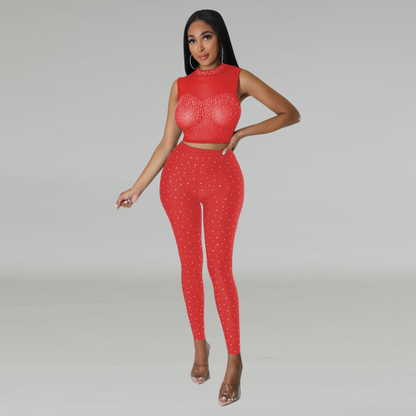 Two piece mesh hot diamond round neck perspective sexy nightclub pants set