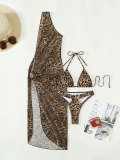 Leopard print sunscreen three piece mesh swimsuit for women's bikini beach swimsuit