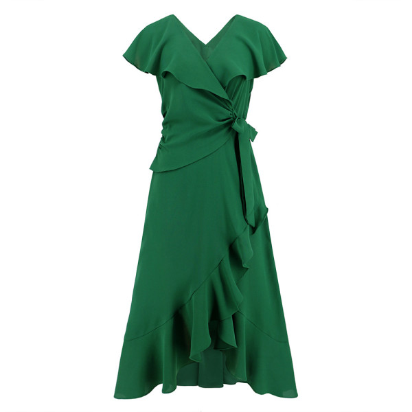 Flowering Lotus Leaf Large Swing V-Neck Dress Slim Fit Style Chiffon Skirt