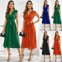 Sleeveless V-neck lace up dress, fashionable slim fitting pleated mid length skirt