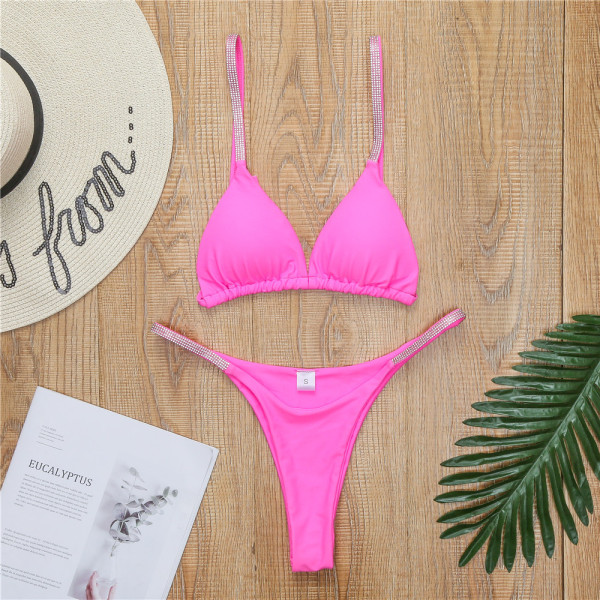 Diamond studded bikini sexy hot triangle cup solid color split swimsuit