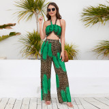 Slim fitting bra hanging neck top printed wide leg pants casual fashion pants set