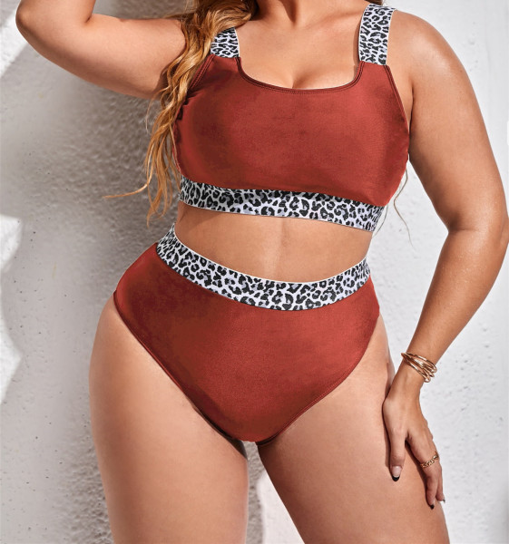 Large Tank Top Solid Leopard Pattern Panel High Waist Bikini