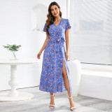 Sexy Bohemian V-neck floral slit skirt large chiffon dress