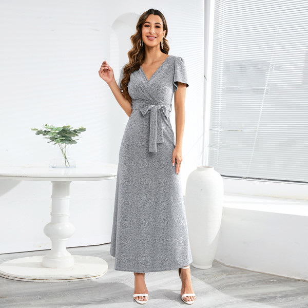 V-Neck Slim Fit Dress Long Party Brilliant Lace up Dress