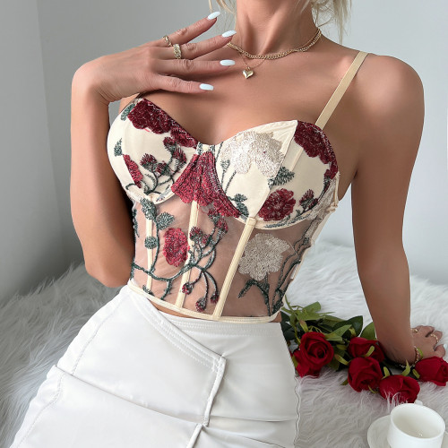 Mesh flower embroidered steel ring fishbone vest