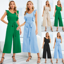 Sleeveless lace up ruffled jumpsuit medium length straight leg pants Sleeveless lace up ruffled jumpsuit medium length straight leg pants