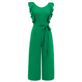 Sleeveless lace up ruffled jumpsuit medium length straight leg pants
