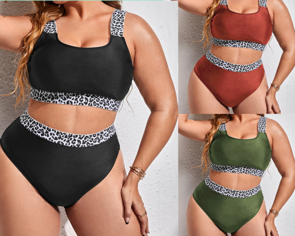 Large Tank Top Solid Leopard Pattern Panel High Waist Bikini