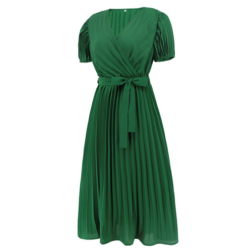 V-neck bubble sleeved pleated skirt slimming temperament long dress