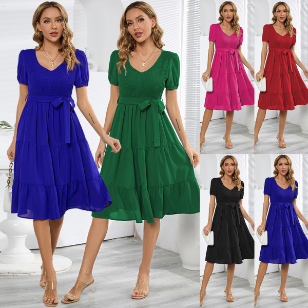 Women's round neck short sleeved slim fitting large hem patchwork cake dress casual dress