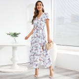 Sexy Bohemian V-neck floral slit skirt large chiffon dress