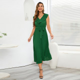 Sleeveless Peach Heart Pleated V-neck Dress Lace up Dress Mid length Dress