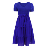 Women's round neck short sleeved slim fitting large hem patchwork cake dress casual dress