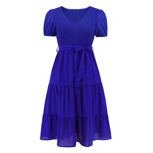 Women's round neck short sleeved slim fitting large hem patchwork cake dress casual dress