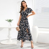 Sexy Bohemian V-neck floral slit skirt large chiffon dress