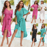 Bikini cover up dress V-neck sexy summer beach hollowed out belt dress