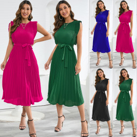 Ruffle Sleeves Folded Pleated Dress Solid Color Dress
