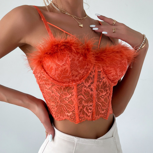 Lace Fish Bone Light Luxury Feather Tassel Pure Desire Tank Top