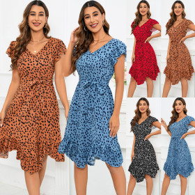 Fashion Slim Fit V-neck Ruffle Short Sleeve Leopard Print Dress Irregular Hem Dress