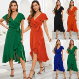 Flowering Lotus Leaf Large Swing V-Neck Dress Slim Fit Style Chiffon Skirt