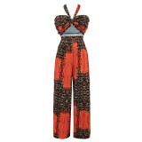 Slim fitting bra hanging neck top printed wide leg pants casual fashion pants set