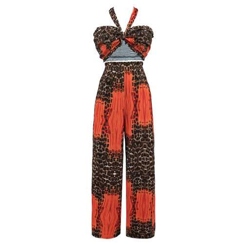 Slim fitting bra hanging neck top printed wide leg pants casual fashion pants set