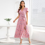 Sexy Bohemian V-neck floral slit skirt large chiffon dress