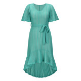 Bikini cover up dress V-neck sexy summer beach hollowed out belt dress